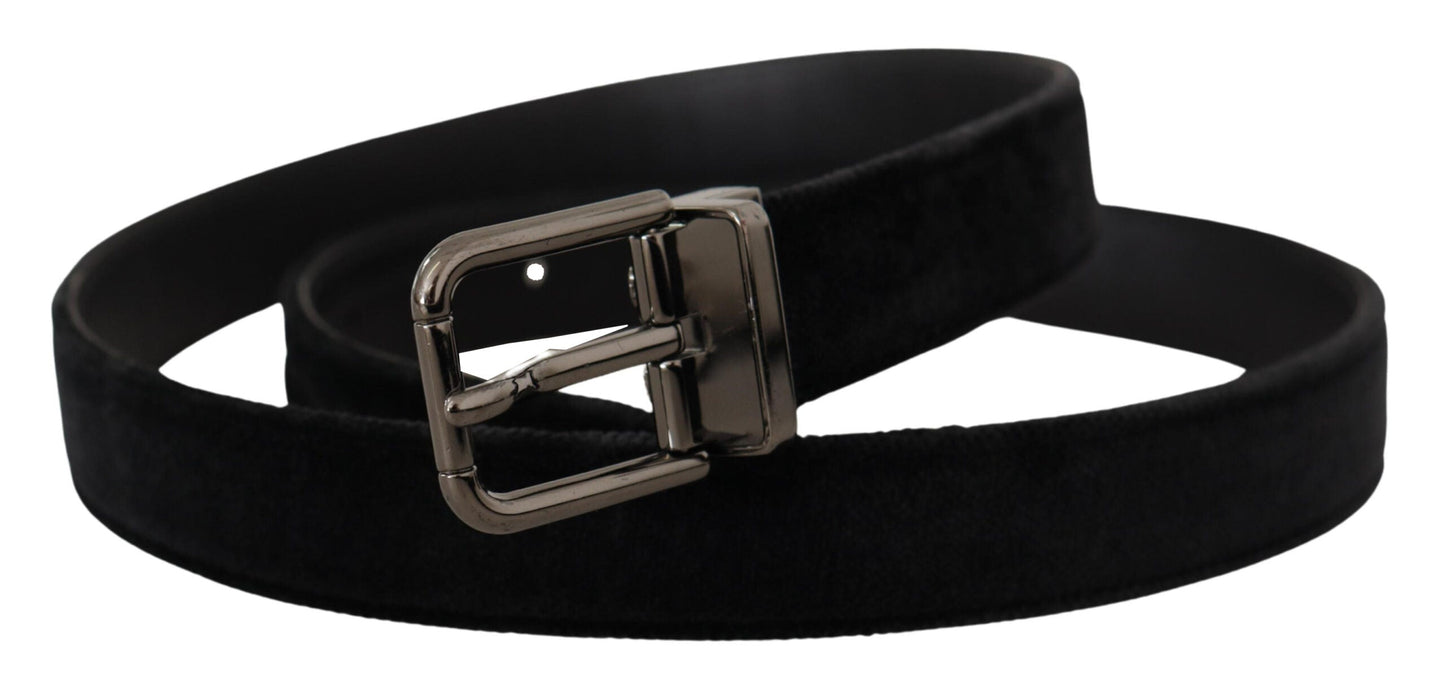 Dolce & Gabbana Black Velvet Silver Tone Logo Metal Buckle Men's Belt