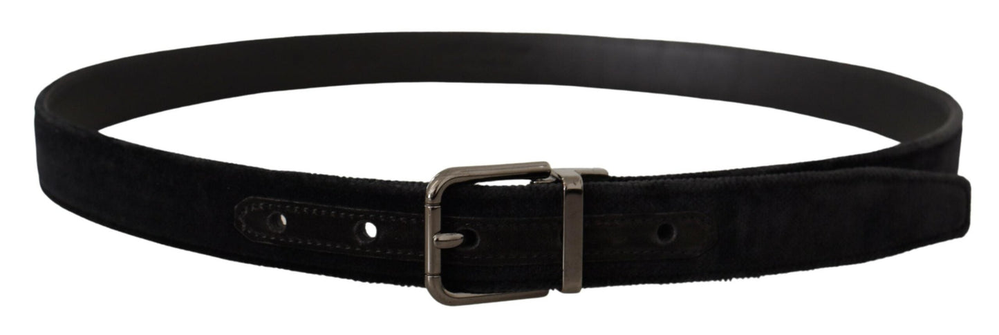 Dolce & Gabbana Black Velvet Silver Tone Logo Metal Buckle Men's Belt
