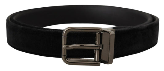 Dolce & Gabbana Black Velvet Silver Tone Logo Metal Buckle Men's Belt