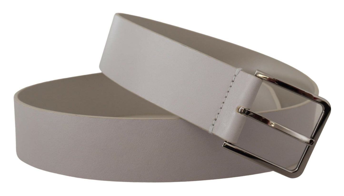 Dolce & Gabbana White Leather Wide Silver Metal Buckle Men's Belt