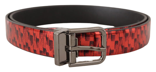 Dolce & Gabbana Red Herringbone Leather Gray Tone Buckle Men's Belt
