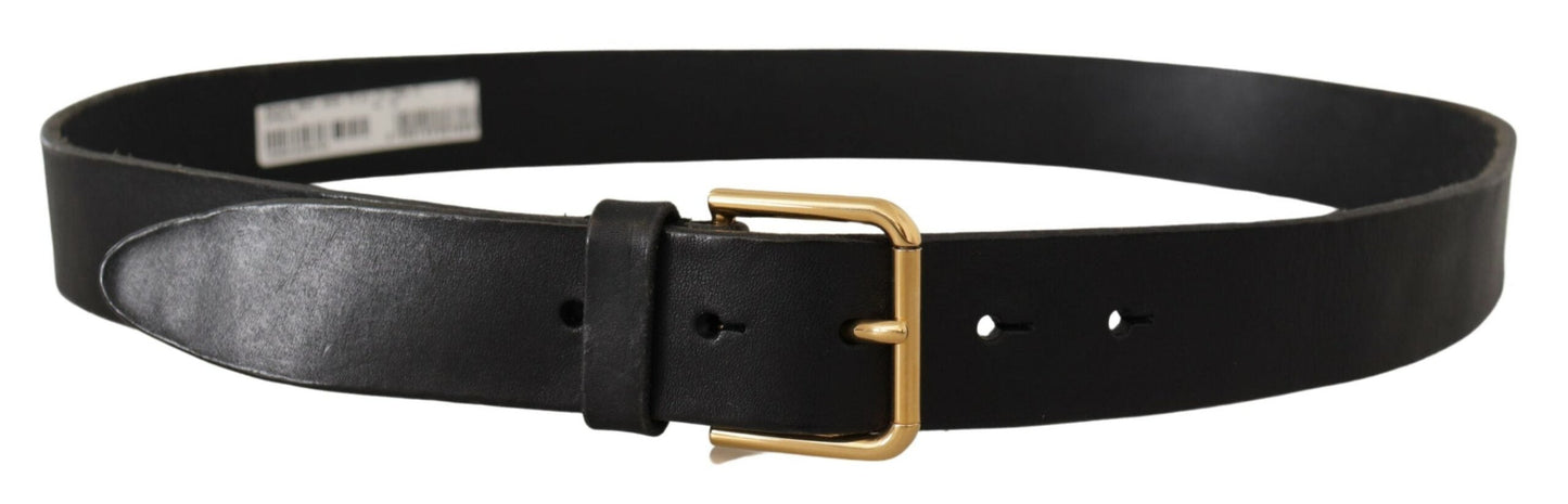 Dolce & Gabbana Black Leather Gold Tone Logo Metal Buckle Men's Belt
