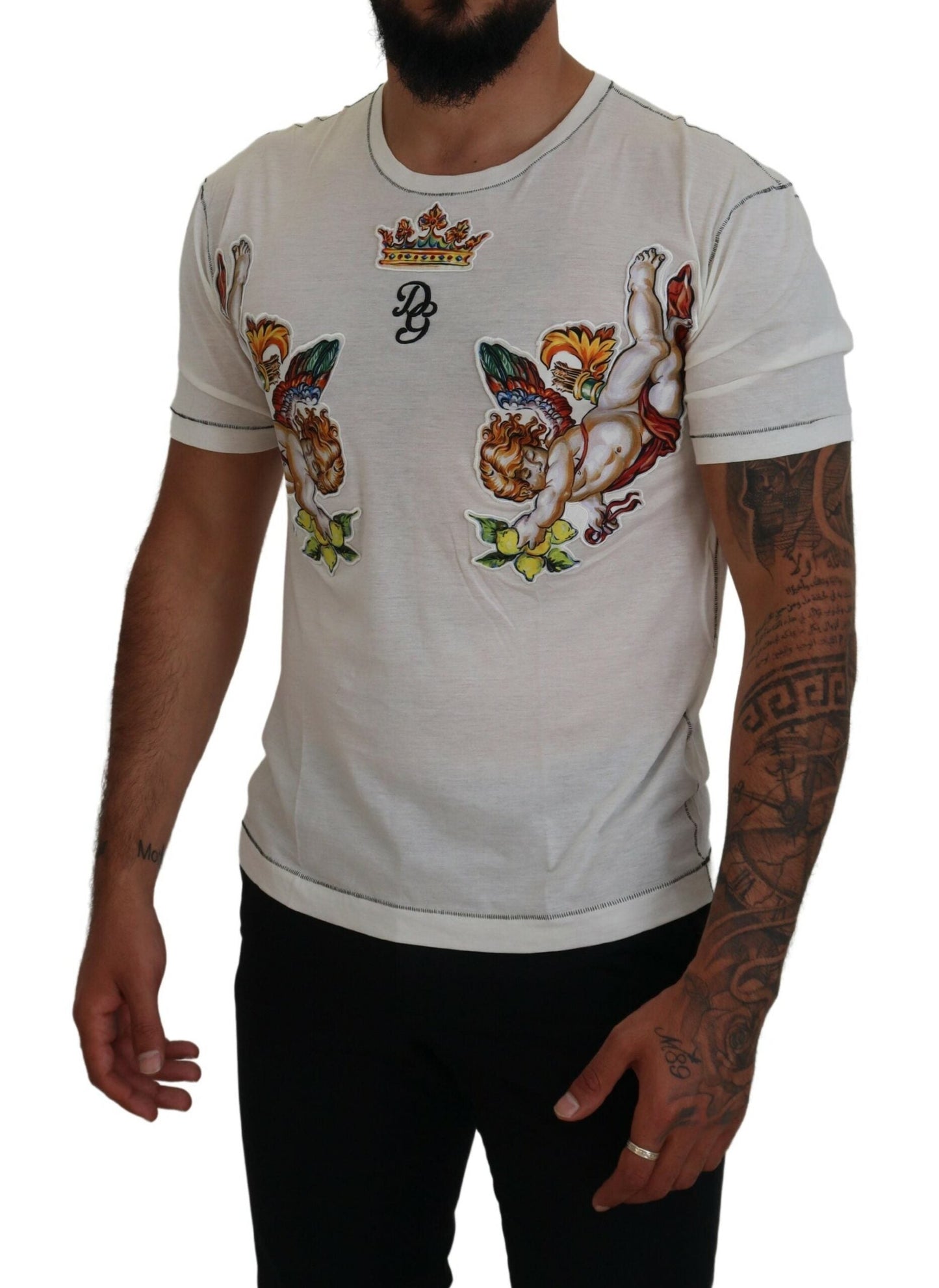 Dolce & Gabbana White Printed Short Sleeves Men Men's T-shirt