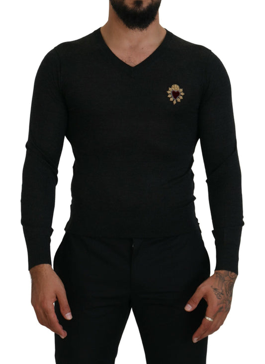 Dolce & Gabbana Gray Cashmere V-neck Gold Heart Men's Sweater