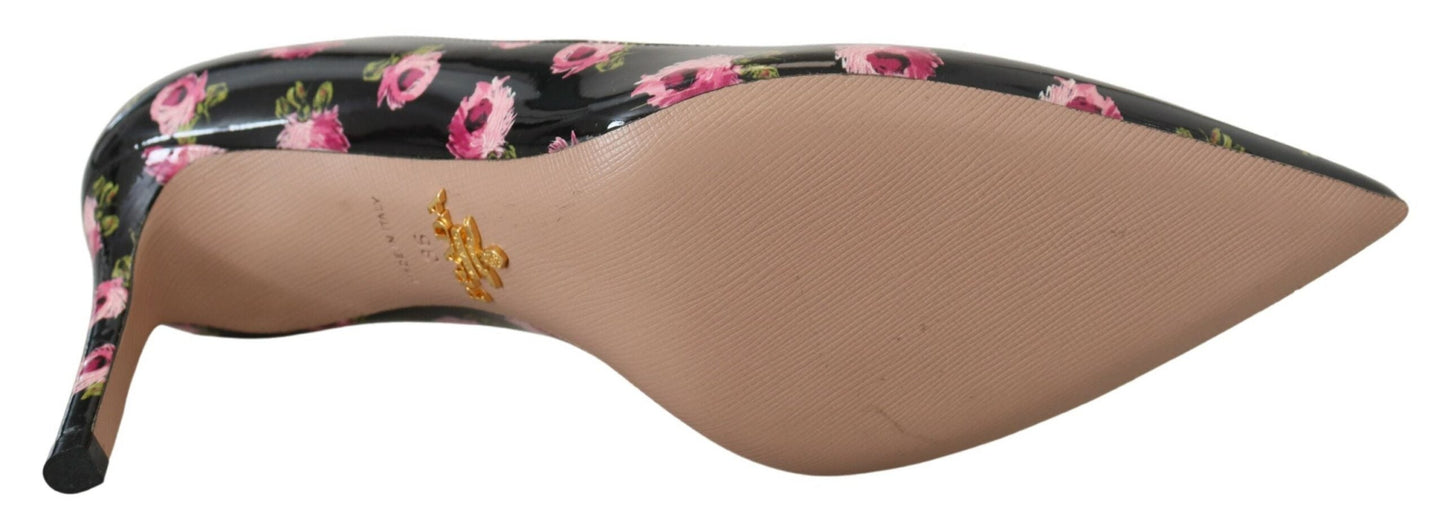 Prada Black Leather Floral Heels Stilettos Women's Pumps