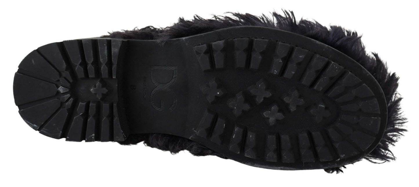 Dolce & Gabbana Black Leather Combat Shearling Boots Men's Shoes