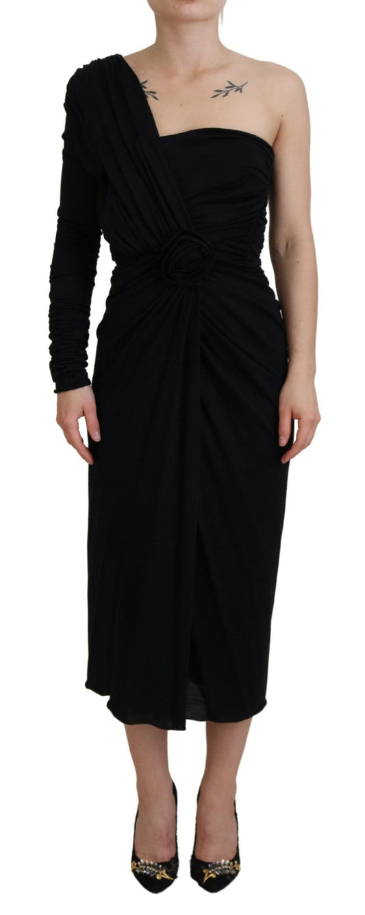 Dolce & Gabbana Black Wrap Sheath One Shoulder Wool Women's Dress