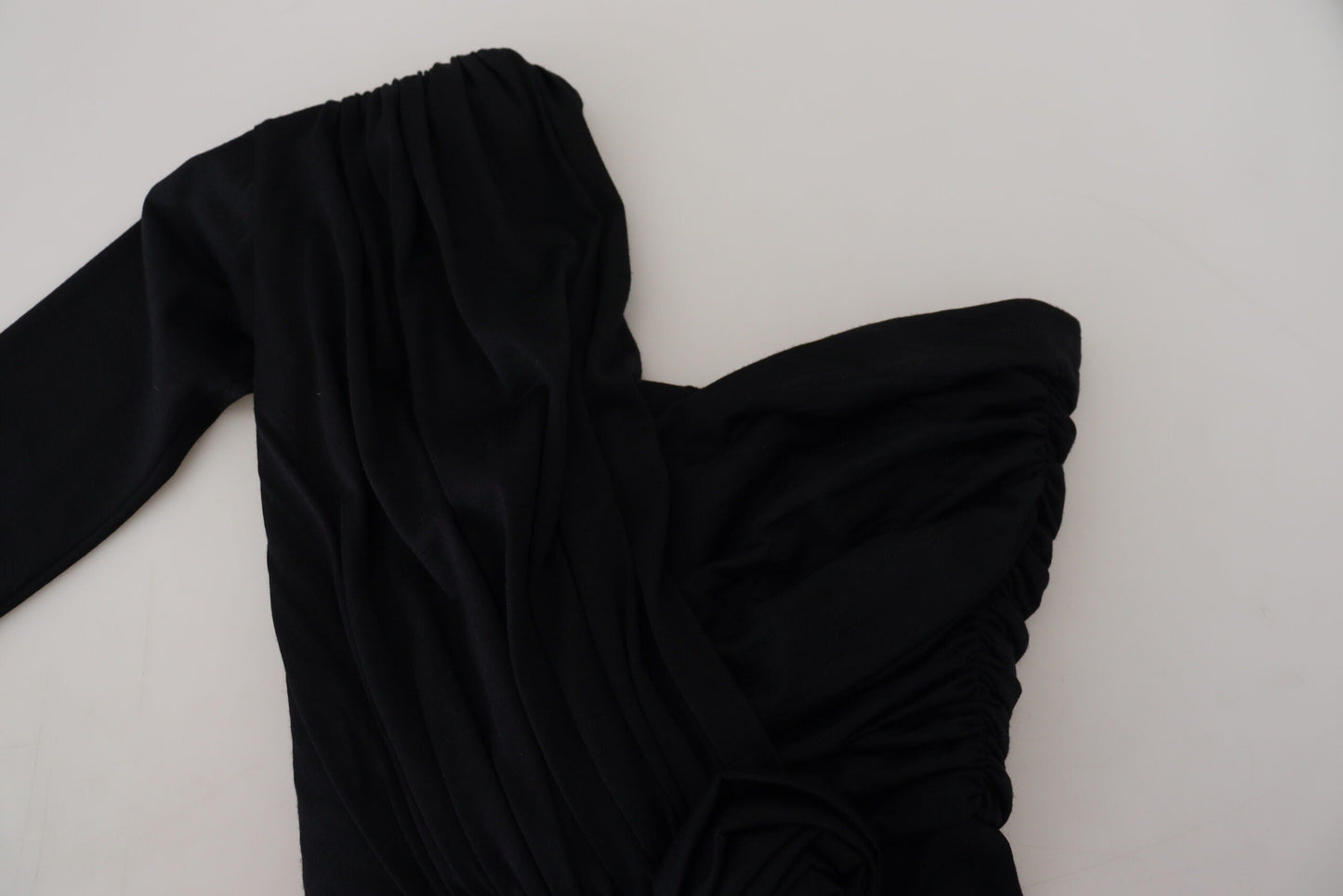 Dolce & Gabbana Black Wrap Sheath One Shoulder Wool Women's Dress