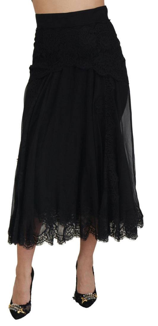Dolce & Gabbana Black Silk Lace Trim High Waist Midi Women's Skirt