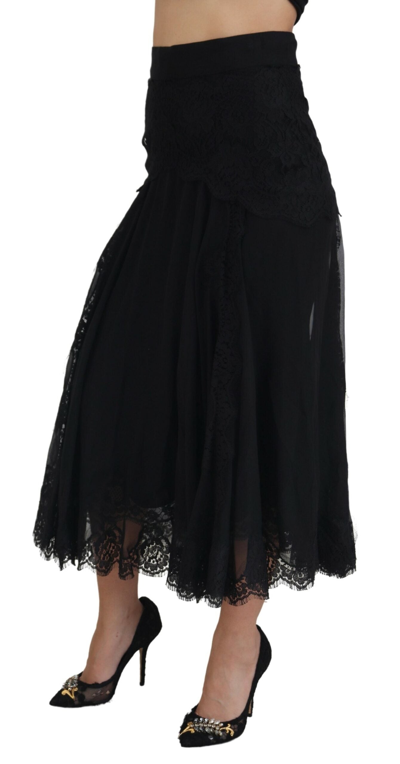 Dolce & Gabbana Black Silk Lace Trim High Waist Midi Women's Skirt