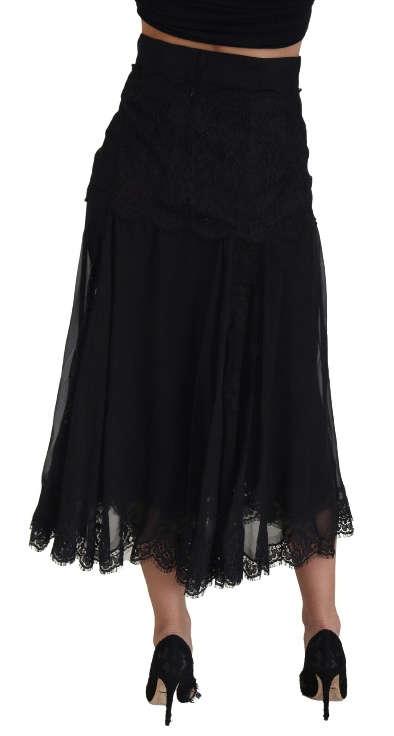 Dolce & Gabbana Black Silk Lace Trim High Waist Midi Women's Skirt