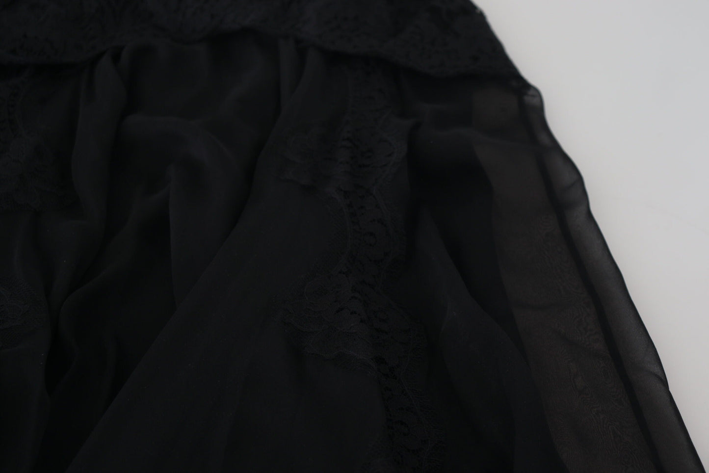 Dolce & Gabbana Black Silk Lace Trim High Waist Midi Women's Skirt