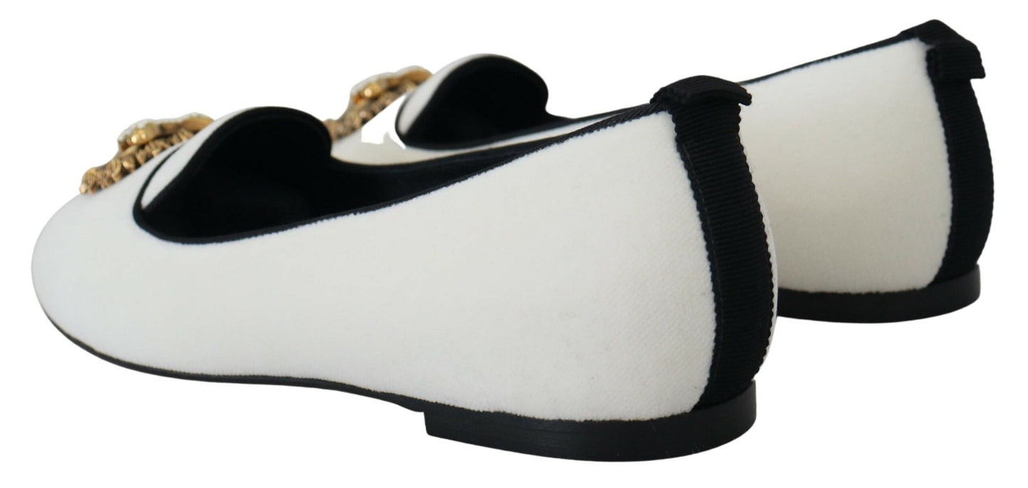 Dolce & Gabbana White Velvet Slip Ons Loafers Flats Women's Shoes