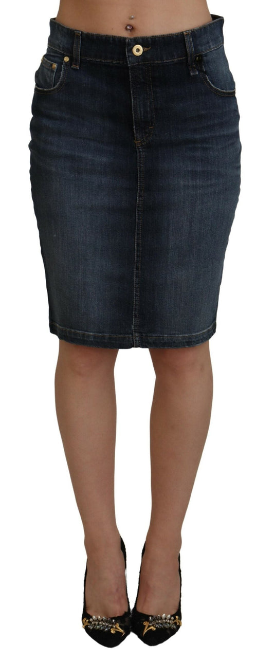Fiorucci Dark Blue Washed Mid Waist Pencil Cut Denim Women's Skirt
