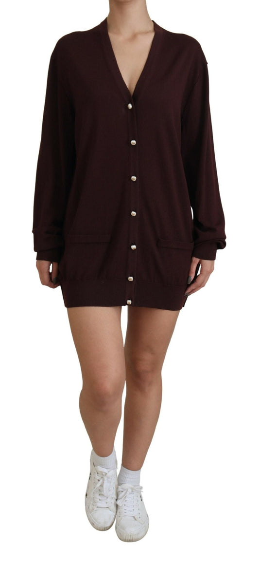 Dolce & Gabbana Maroon Wool Knit Deep V-neck Cardigan Women's Sweater