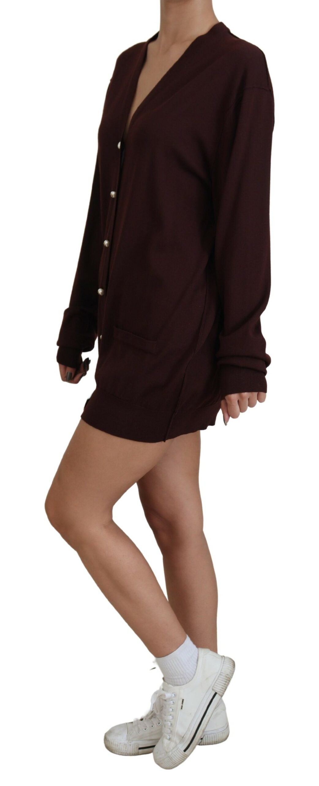 Dolce & Gabbana Maroon Wool Knit Deep V-neck Cardigan Women's Sweater