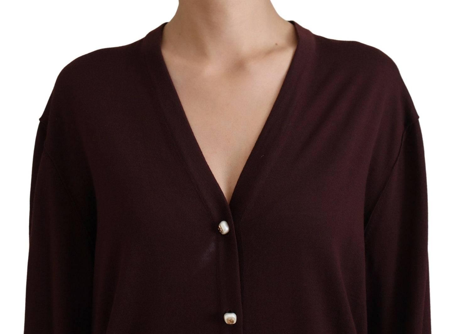 Dolce & Gabbana Maroon Wool Knit Deep V-neck Cardigan Women's Sweater