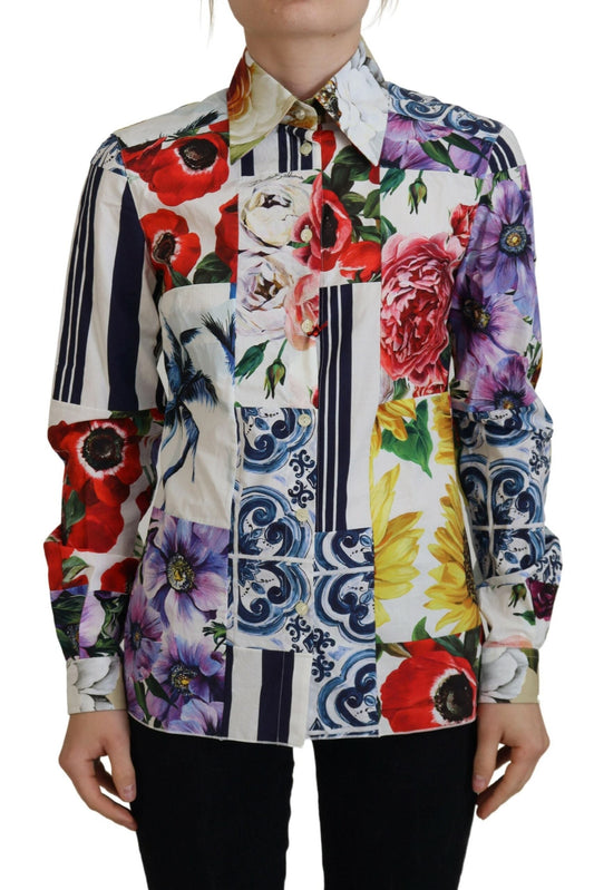 Dolce & Gabbana Multicolor Floral Cotton Collared Blouse Women's Top