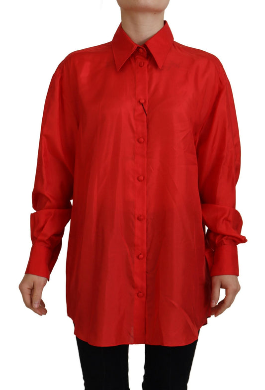 Dolce & Gabbana Red Silk Collared Long Sleeves Dress Shirt Women's Top