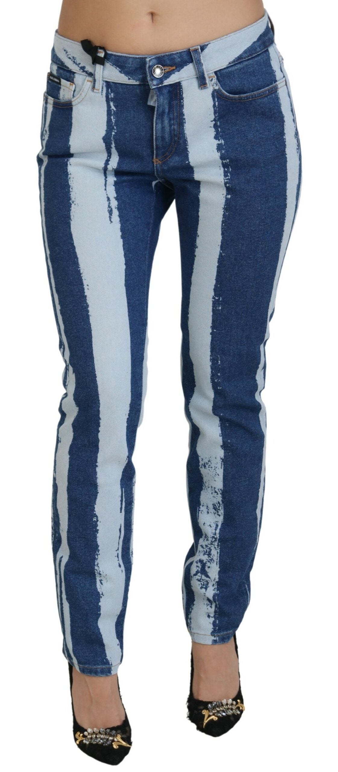 Dolce & Gabbana Cobalt Blue Stripes Skinny Denim Cotton Women's Jeans