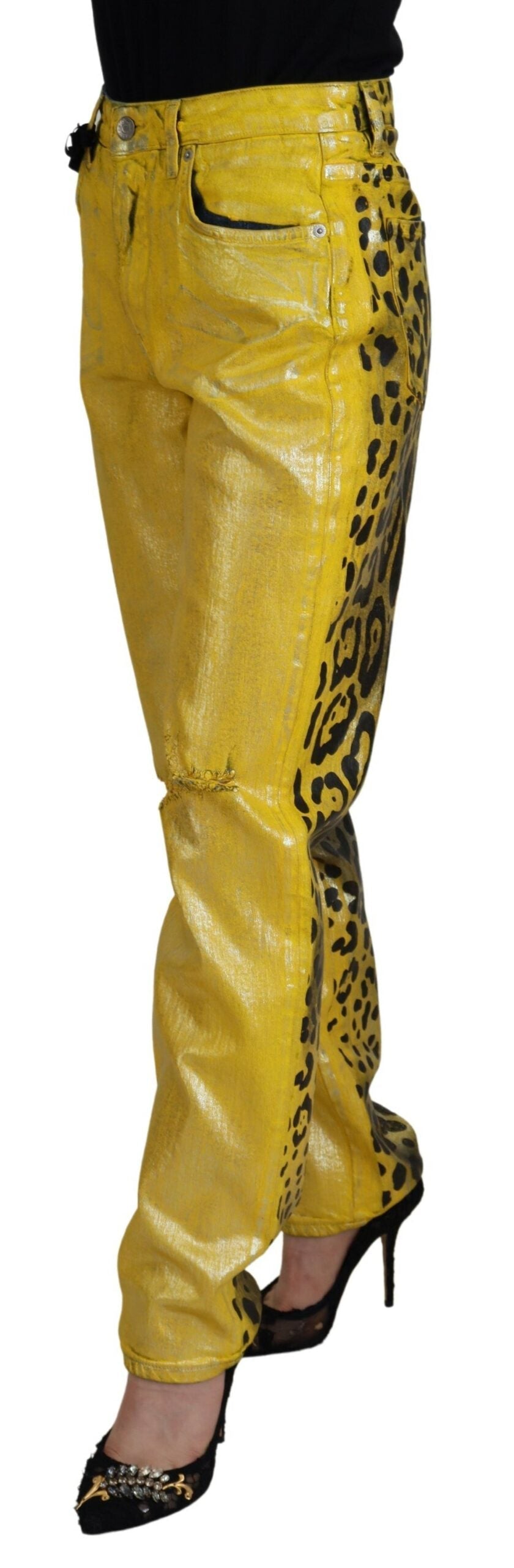 Dolce & Gabbana Yellow Leopard Cotton Straight Denim Women's Jeans