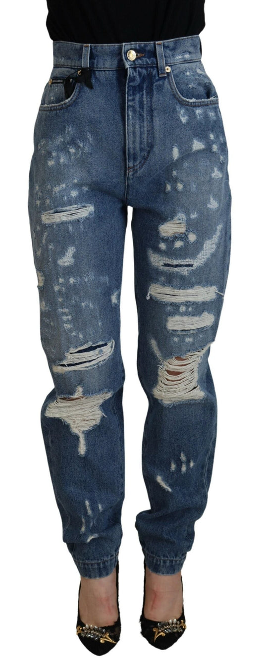 Dolce & Gabbana Blue Tattered Skinny Denim Cotton Women's Jeans