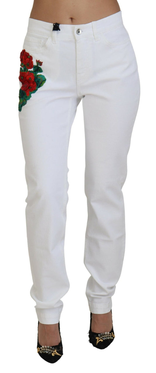 Dolce & Gabbana White Floral Embroidery Skinny Denim Women's Jeans