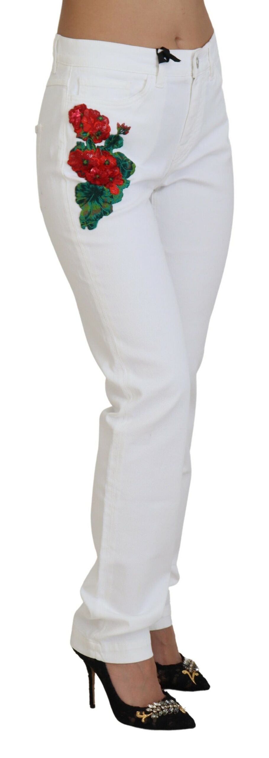 Dolce & Gabbana White Floral Embroidery Skinny Denim Women's Jeans