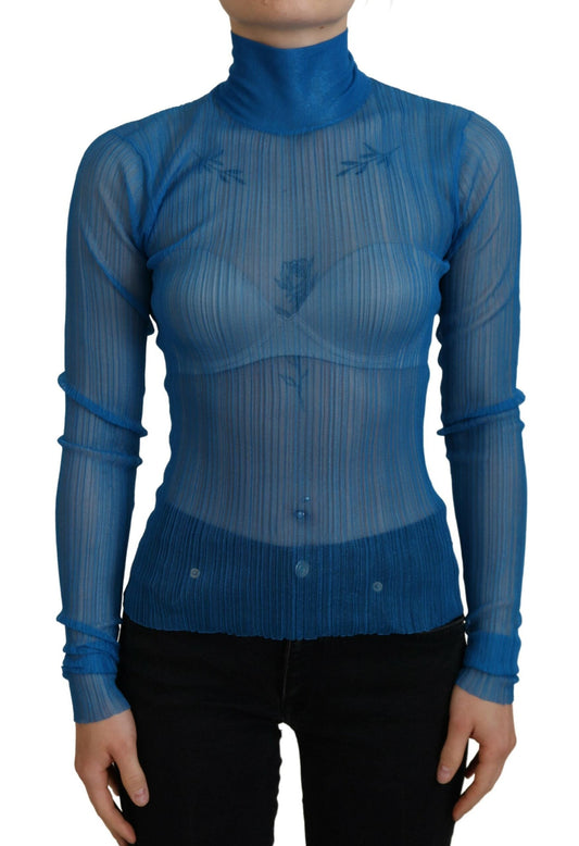 Dolce & Gabbana Blue Mesh Turtleneck Long Sleeve Blouse Women's Top