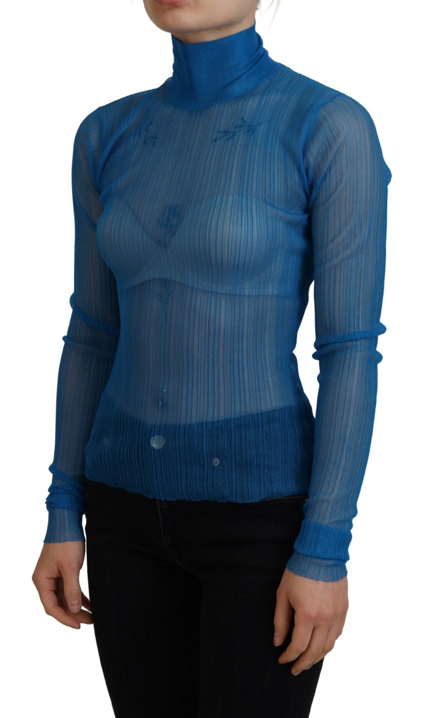 Dolce & Gabbana Blue Mesh Turtleneck Long Sleeve Blouse Women's Top