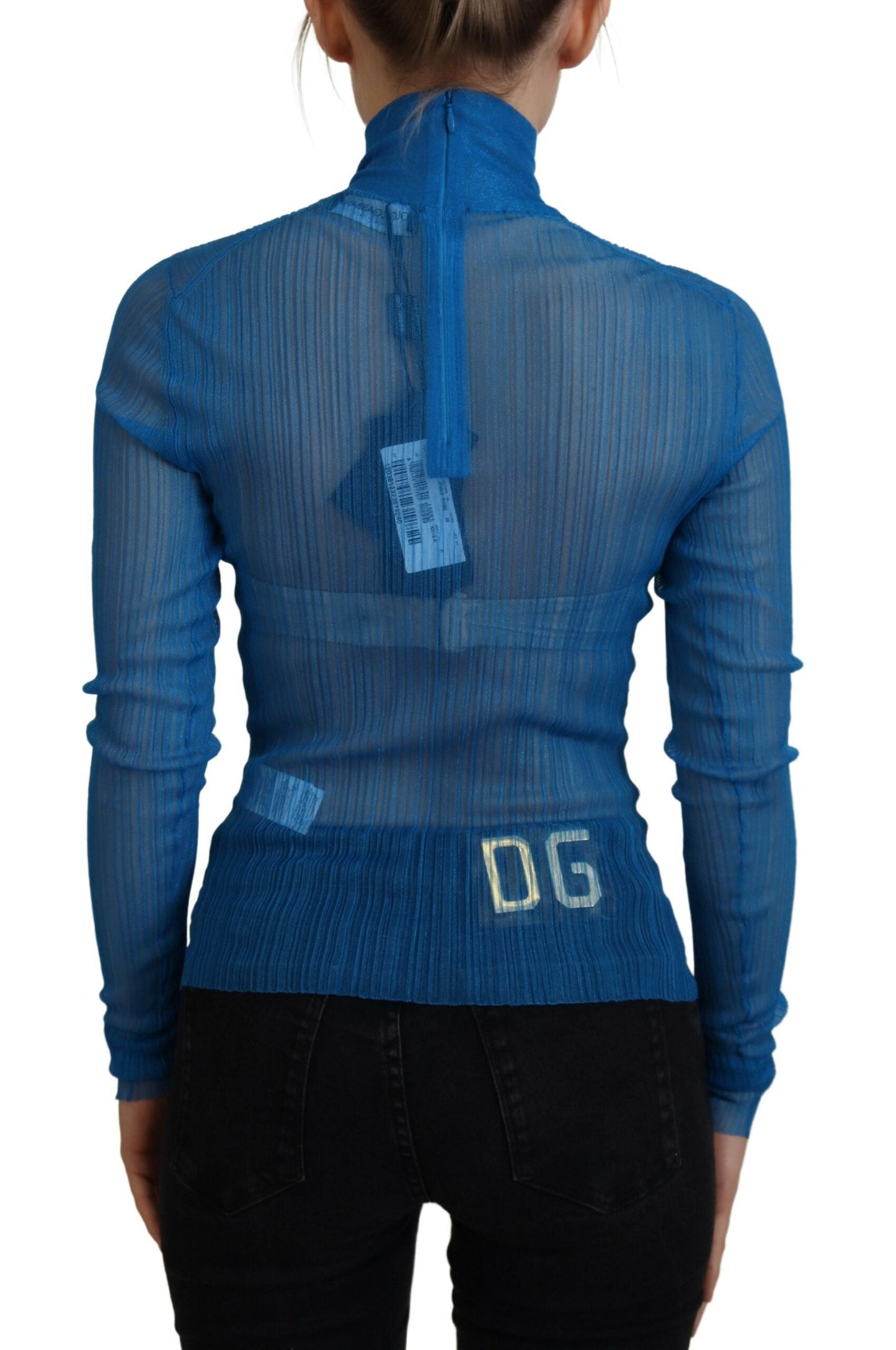 Dolce & Gabbana Blue Mesh Turtleneck Long Sleeve Blouse Women's Top