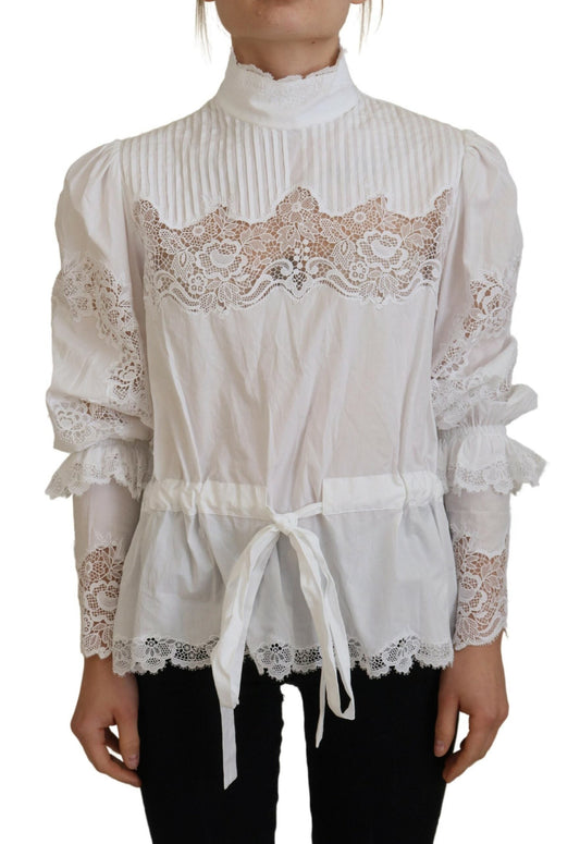 Dolce & Gabbana White Cotton Lace Trim Turtle Neck Blouse Women's Top