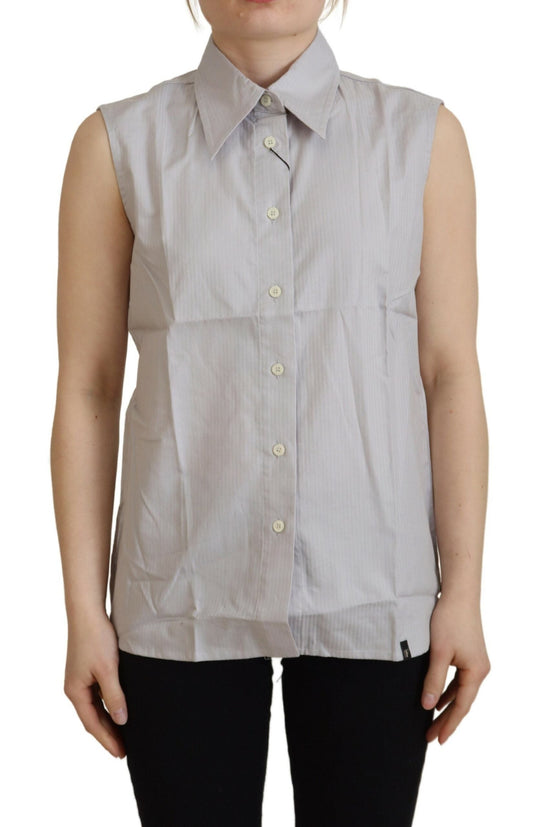 Ferre Light Gray Stripes Cotton Sleeveless Collared Women's Top