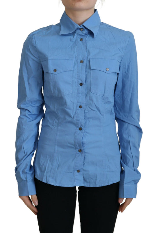 Ferre Blue Cotton Long Sleeves Collared Button Down Women's Top