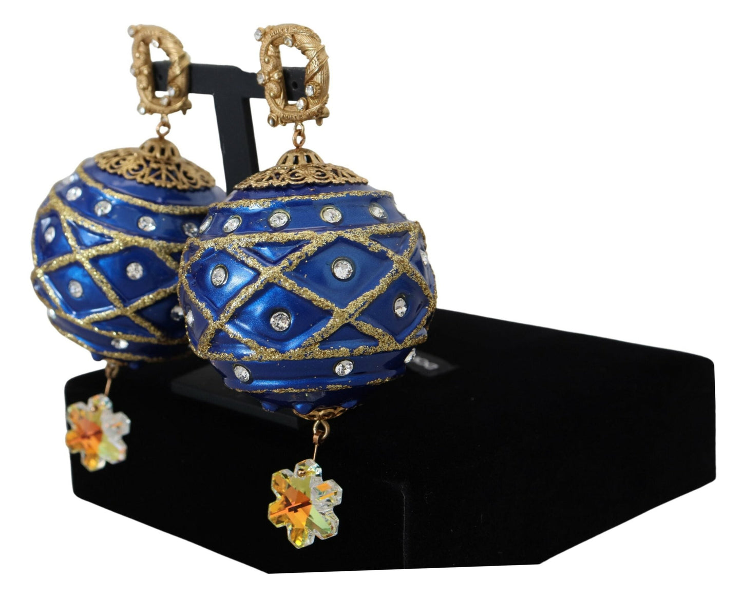 Dolce & Gabbana Gold Brass Blue Dangle Ball Crystal Clip On Women's Earrings