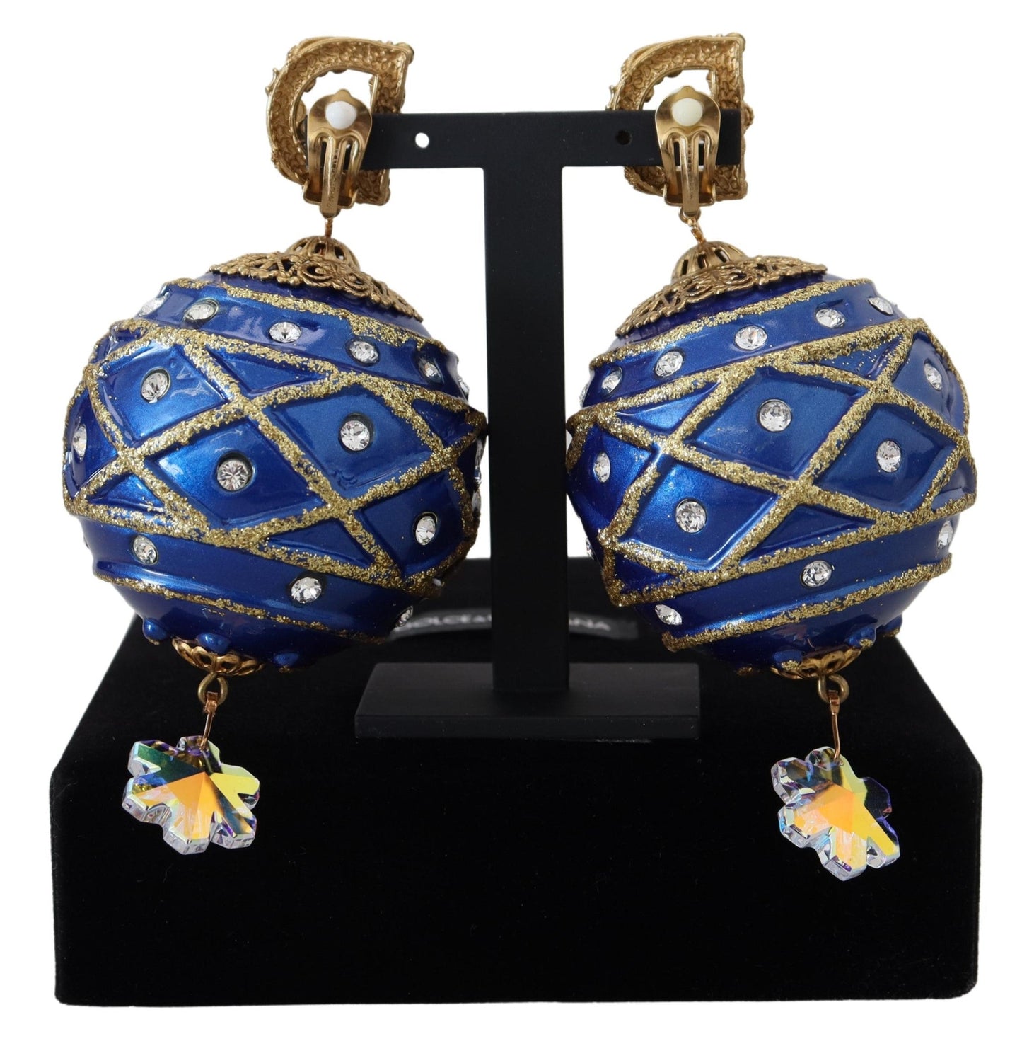 Dolce & Gabbana Gold Brass Blue Dangle Ball Crystal Clip On Women's Earrings