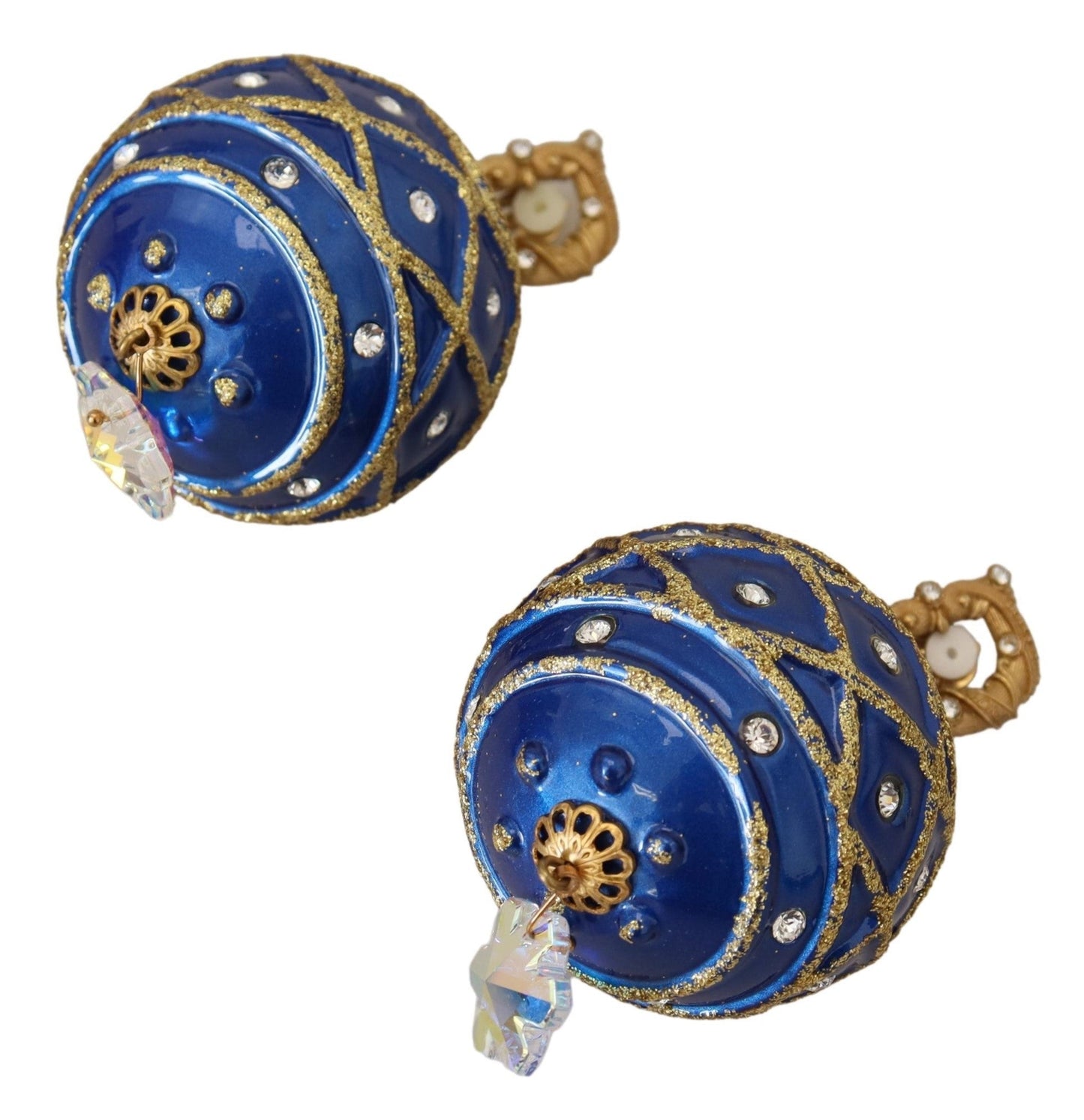 Dolce & Gabbana Gold Brass Blue Dangle Ball Crystal Clip On Women's Earrings