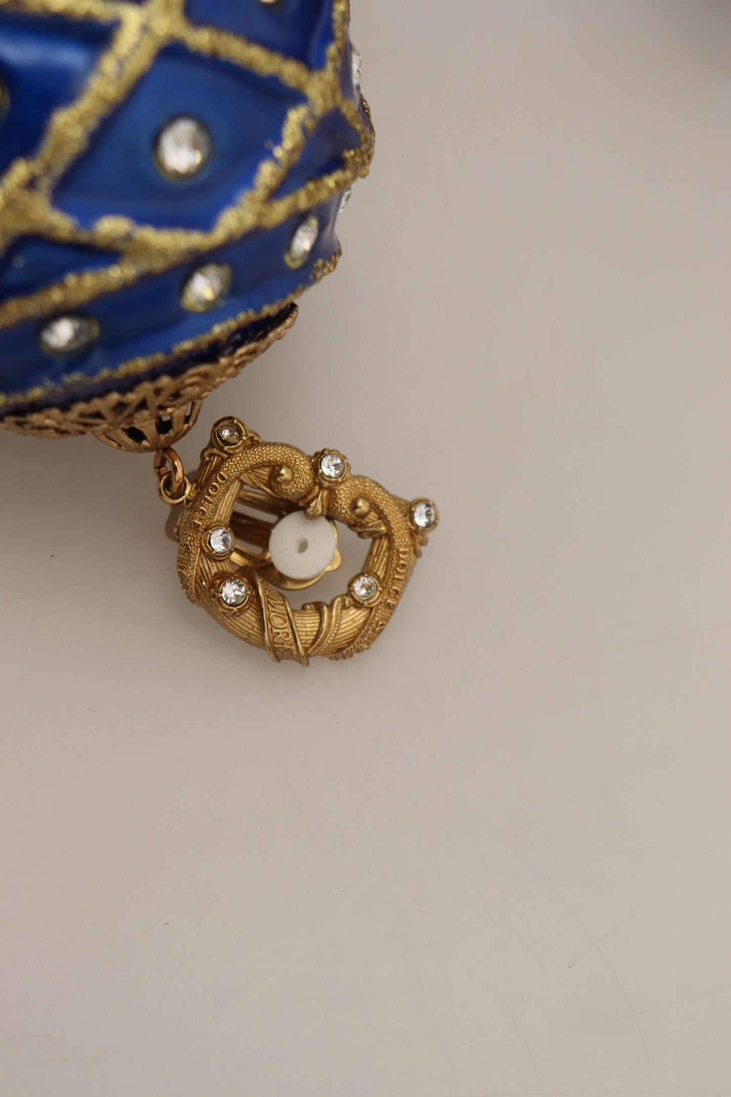 Dolce & Gabbana Gold Brass Blue Dangle Ball Crystal Clip On Women's Earrings