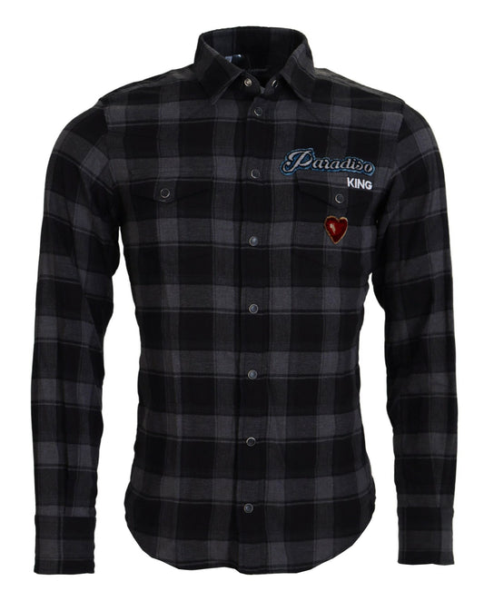 Dolce & Gabbana Black Gray Check Men Long Sleeves Men's Shirt