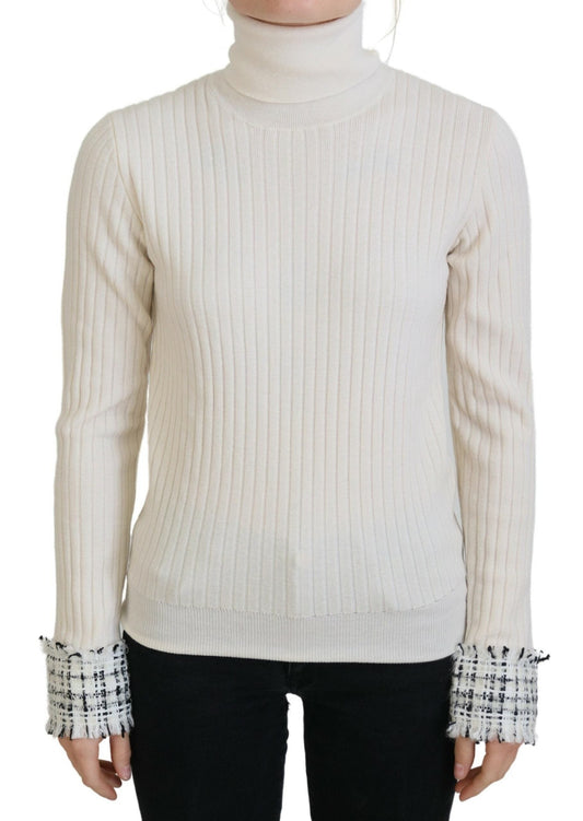 Dolce & Gabbana Ivory Turtleneck Distressed Cuff Pullover Women's Sweater