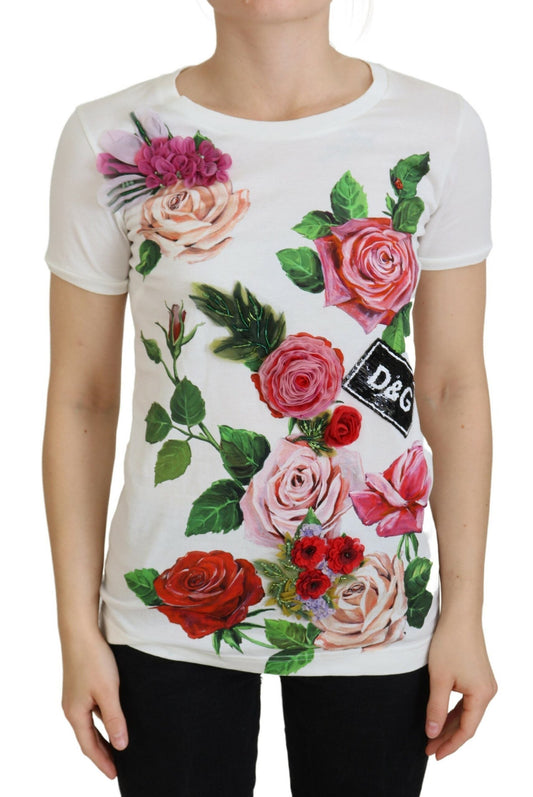 Dolce & Gabbana White Rose DGLogo Printed Short Sleeves Women's Top