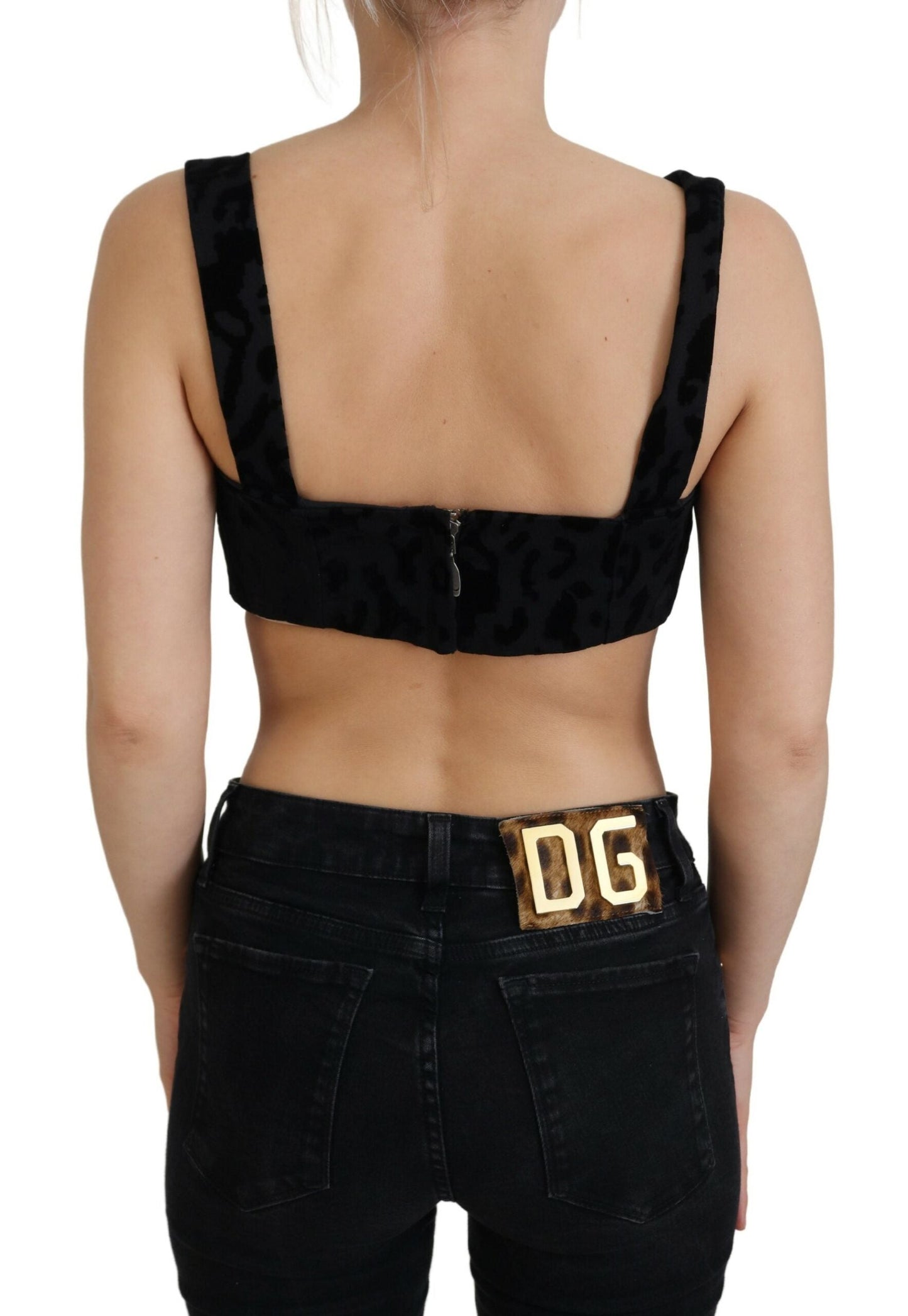 Dolce & Gabbana Black Leopard Cropped Bustier Corset Bra Women's Top