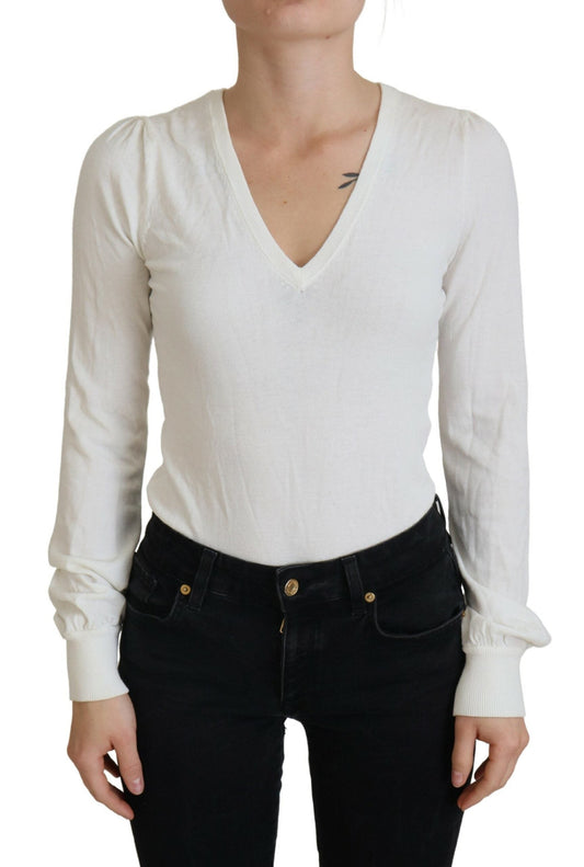 Patrizia Pepe Ivory V-Neck Long Sleeves Women Blouse Women's Top