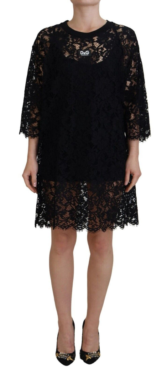 Dolce & Gabbana Black Floral Lace Cotton Shift Mini Women's Dress