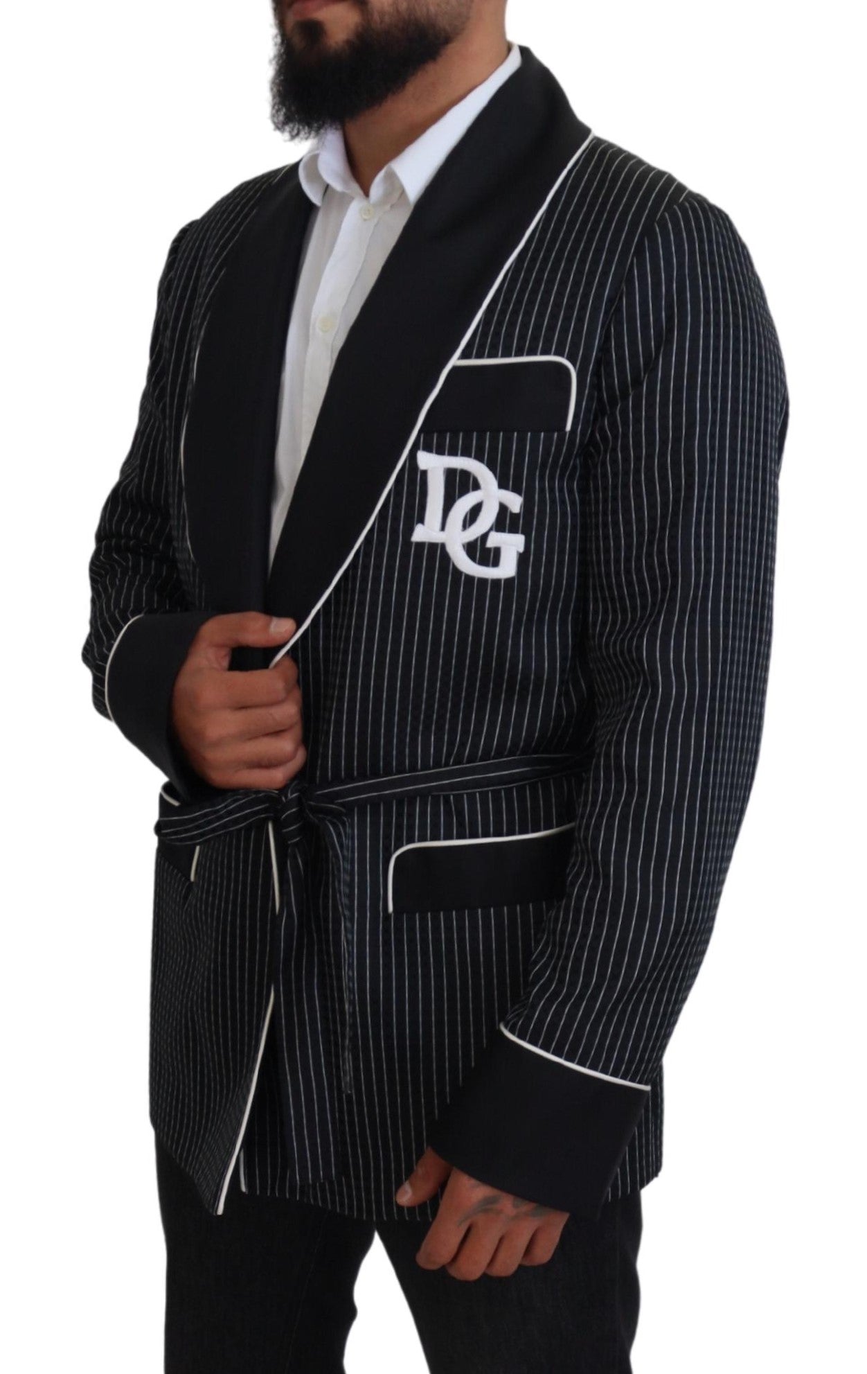 Dolce & Gabbana Black Robe Striped DG Patch Jacket Men Men's Blazer