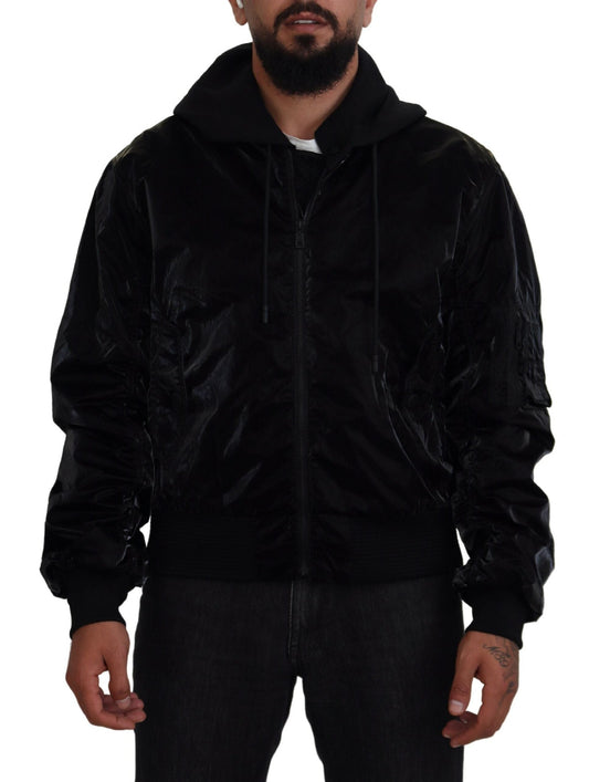 Dolce & Gabbana Black Nylon Hooded Full Zip Bomber Men's Jacket