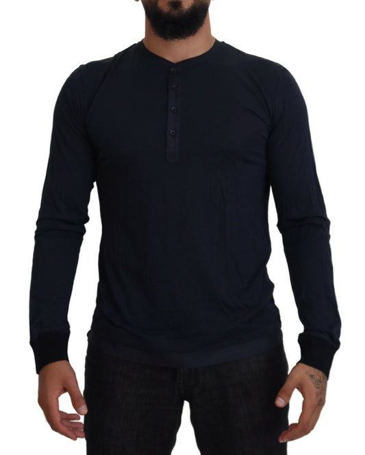 Dolce & Gabbana Blue Cotton Button Crewneck Pullover Men's Sweater