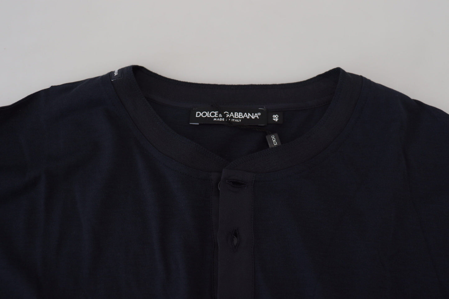 Dolce & Gabbana Blue Cotton Button Crewneck Pullover Men's Sweater
