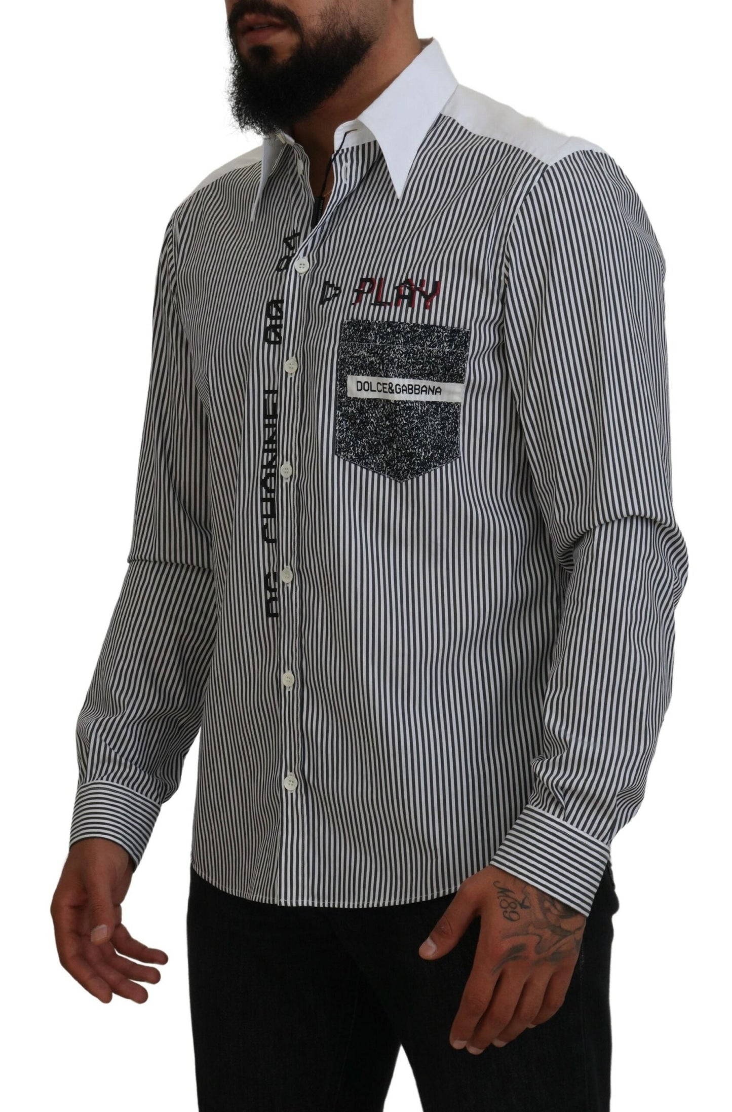 Dolce & Gabbana Black White Striped Printed Casual Cotton Men's Shirt