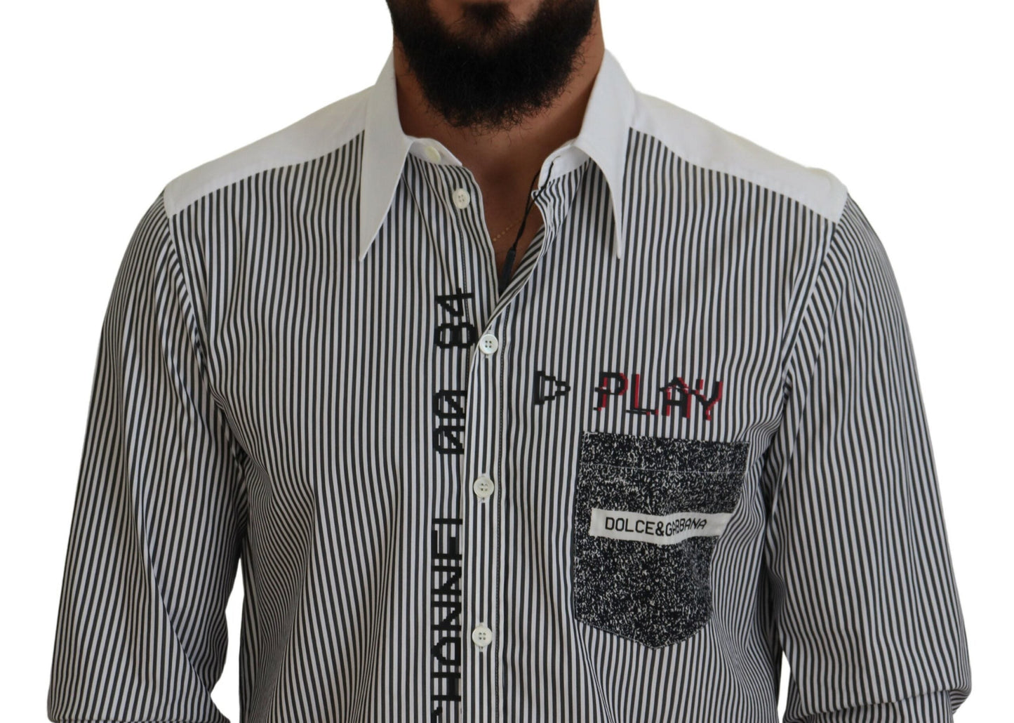 Dolce & Gabbana Black White Striped Printed Casual Cotton Men's Shirt